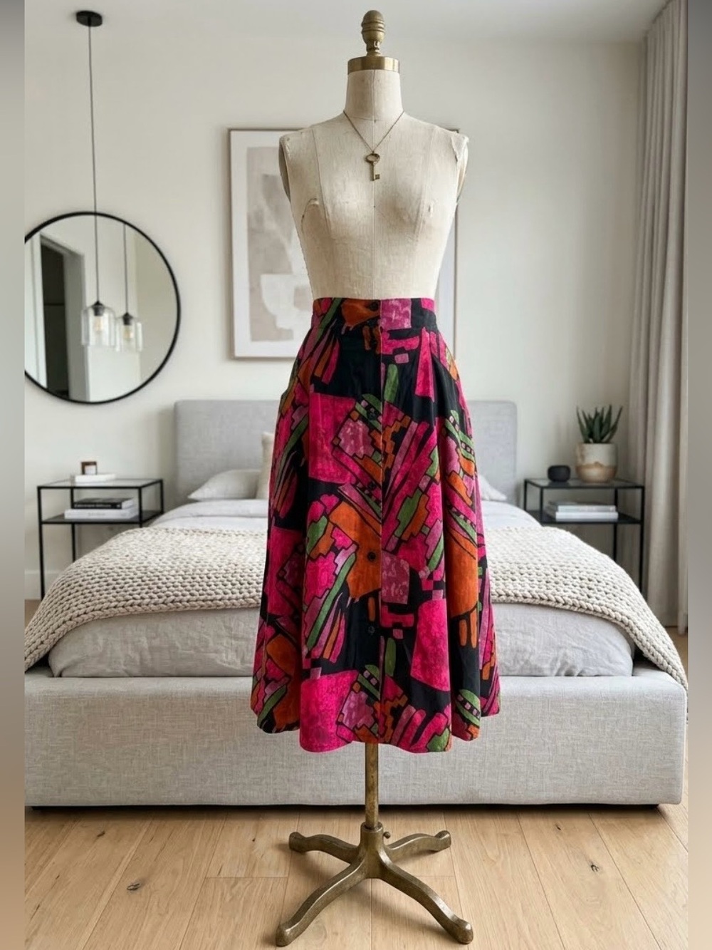 VINTAGE 80s Midi Abstract Art Work - Front Button Closure Skirt - S - Picture 1 of 11